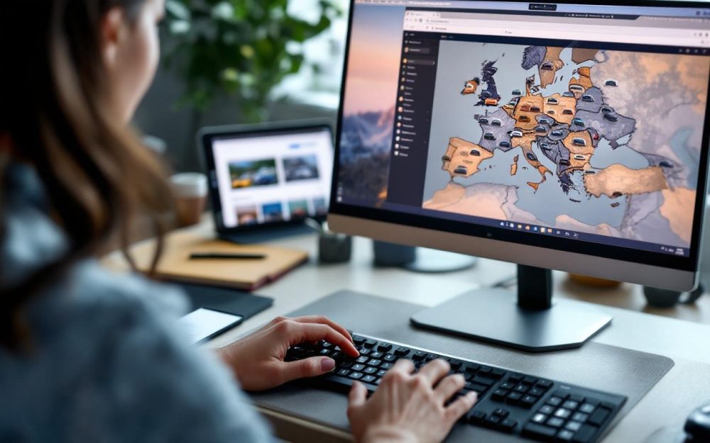 Une femme compare des annonces de voitures d’occasion sur un ordinateur, avec plusieurs aperçus de véhicules et une carte de l’Europe en arrière-plan.