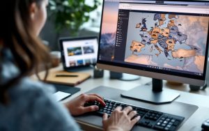 Une femme compare des annonces de voitures d’occasion sur un ordinateur, avec plusieurs aperçus de véhicules et une carte de l’Europe en arrière-plan.