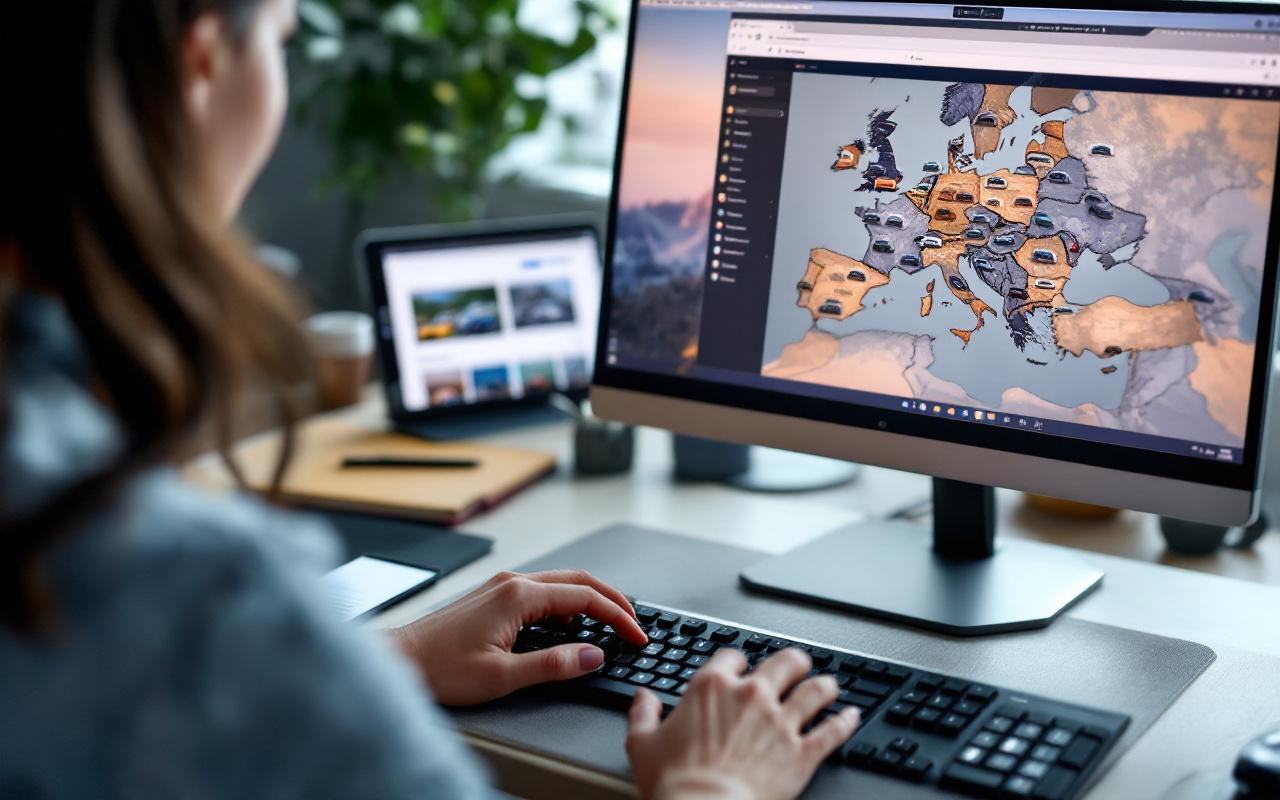 Une femme compare des annonces de voitures d’occasion sur un ordinateur, avec plusieurs aperçus de véhicules et une carte de l’Europe en arrière-plan.