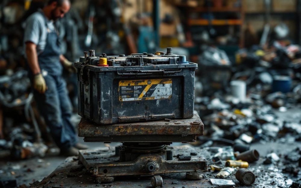 Batterie de voiture usagée posée chez un ferrailleur, photographiée pendant qu’elle est pesée sur une balance industrielle dans une ambiance de recyclage automobile.
