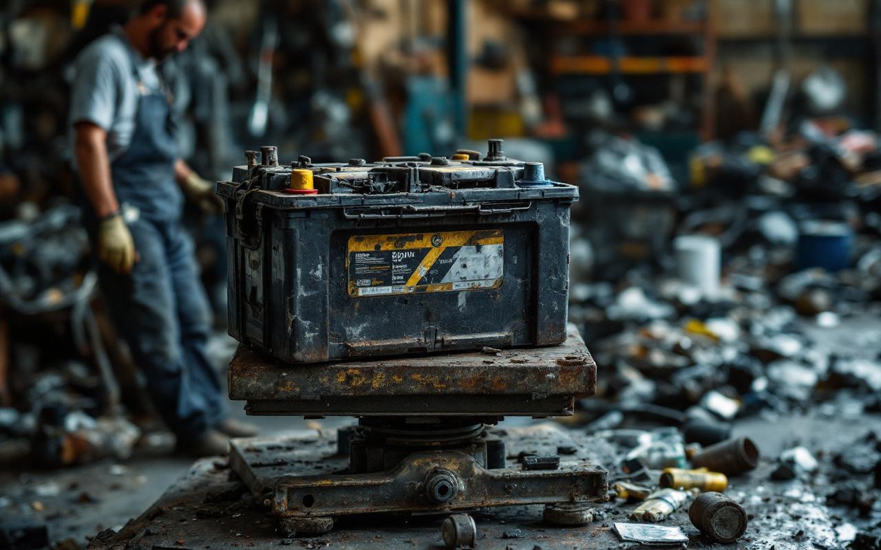 Batterie de voiture usagée posée chez un ferrailleur, photographiée pendant qu’elle est pesée sur une balance industrielle dans une ambiance de recyclage automobile.