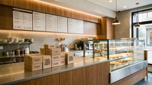 Comptoir de pizzeria moderne avec vitrine en verre, présentoir de menus et emballages soignés dans une identité visuelle cohérente.