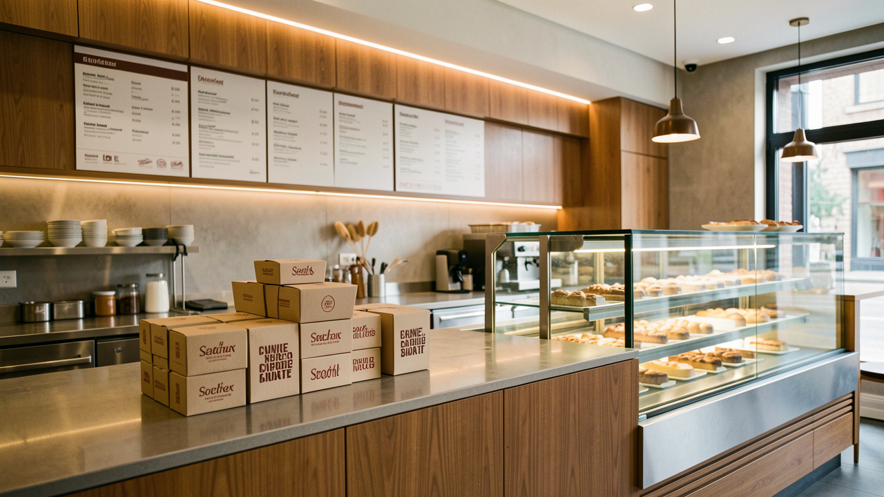 Comptoir de pizzeria moderne avec vitrine en verre, présentoir de menus et emballages soignés dans une identité visuelle cohérente.
