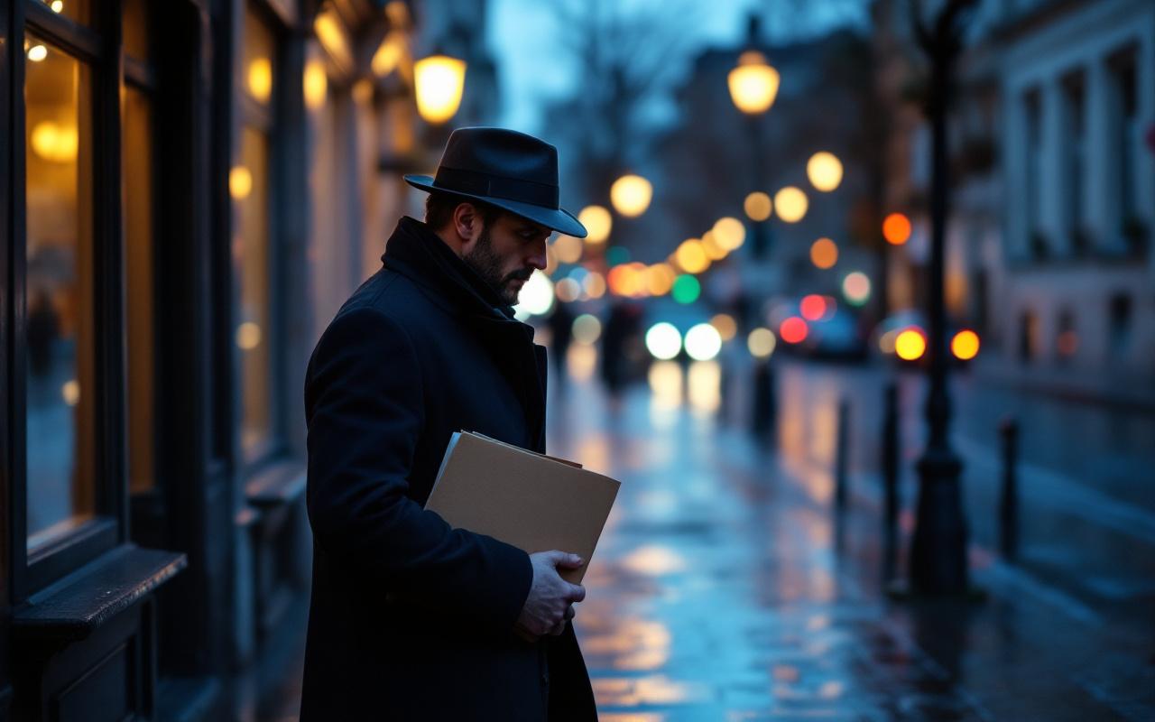 Un détective privé effectue un repérage discret dans les rues de Lille, tenant un dossier d’enquête, dans une ambiance urbaine au crépuscule.
