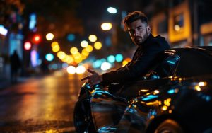 Un influenceur automobile masculin se tient près d’une supercar sur une rue urbaine nocturne, éclairage cinématographique premium avec reflets sur la carrosserie et arrière-plan lumineux.