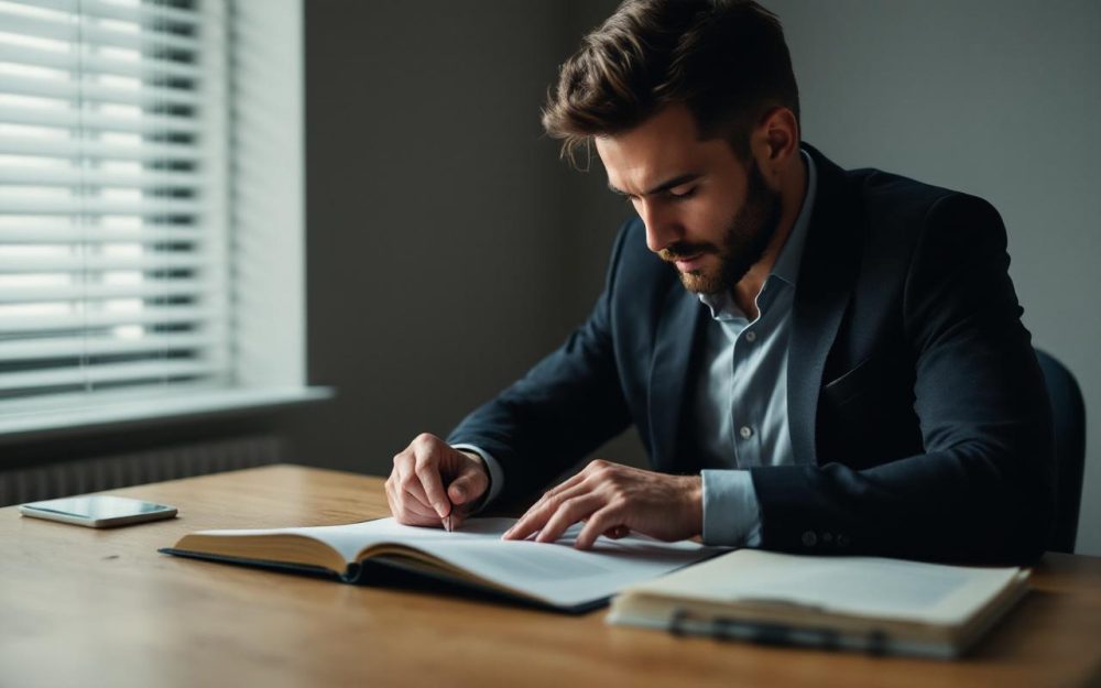 Un homme examine avec attention un dossier ouvert sur une table en bois, dans un bureau sobre, avec une lumière naturelle discrète.