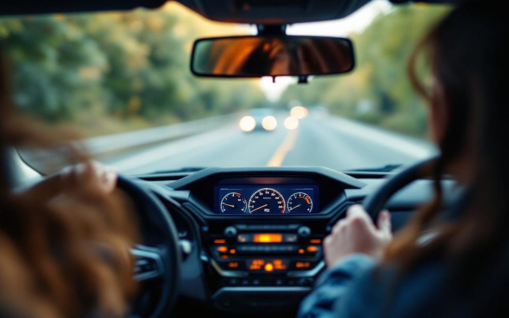 Tableau de bord de voiture en gros plan avec le voyant moteur allumé, une conductrice observe les indications depuis le volant, ambiance réaliste et pédagogique.