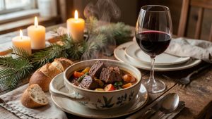 Table de dîner hivernale rustique et chaleureuse avec un civet de sanglier maison, un verre de vin rouge et des accessoires de table en ambiance de campagne, éclairage doux aux bougies.