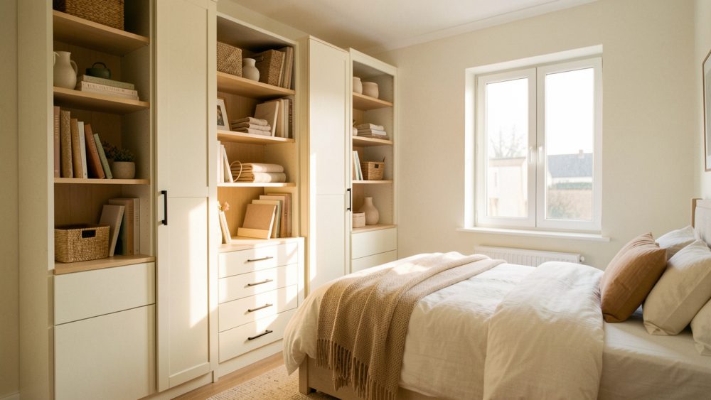Petite chambre lumineuse avec rangements intégrés le long des murs, tons clairs, ambiance pratique et chaleureuse, tissus doux et lumière naturelle.