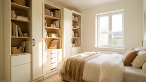 Petite chambre lumineuse avec rangements intégrés le long des murs, tons clairs, ambiance pratique et chaleureuse, tissus doux et lumière naturelle.