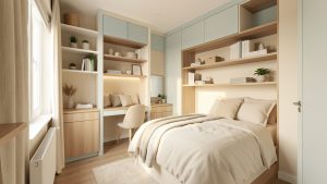 Petite chambre lumineuse et harmonieuse, avec mobilier compact, rangements muraux intégrés et lumière douce du matin.