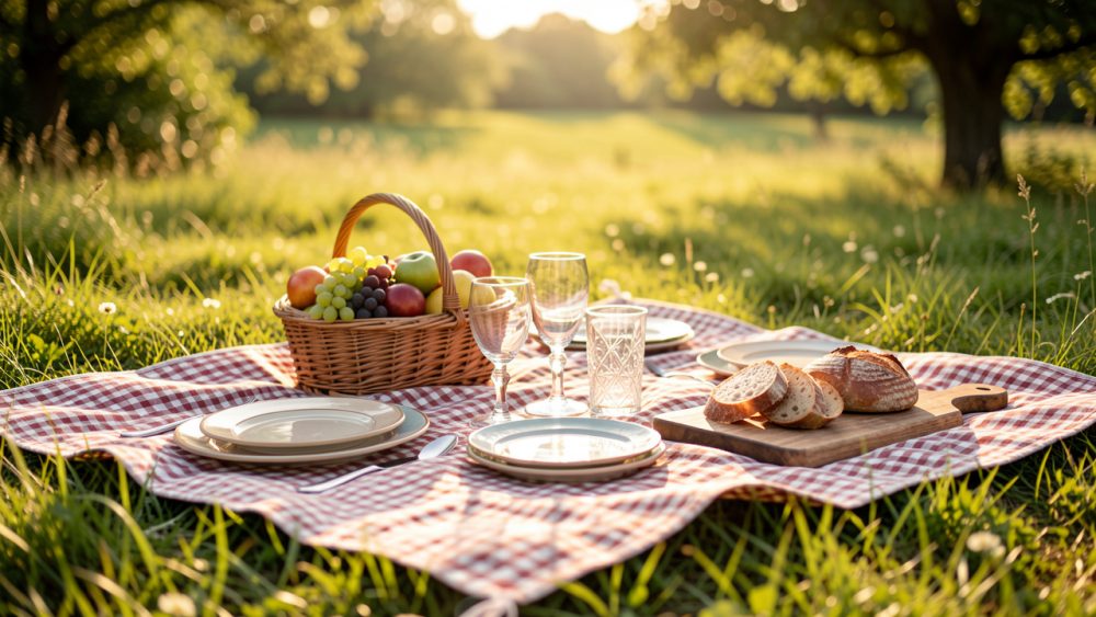 Pique-nique élégant sur l’herbe en été, avec couverture, vaisselle et fruits, lumière dorée et ambiance naturelle.