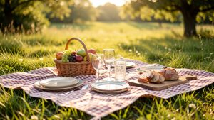 Pique-nique élégant sur l’herbe en été, avec couverture, vaisselle et fruits, lumière dorée et ambiance naturelle.
