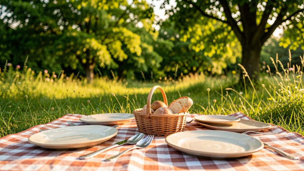 Repas en plein air sur une nappe avec vaisselle simple, dans une nature verdoyante, ambiance conviviale au soleil doré.