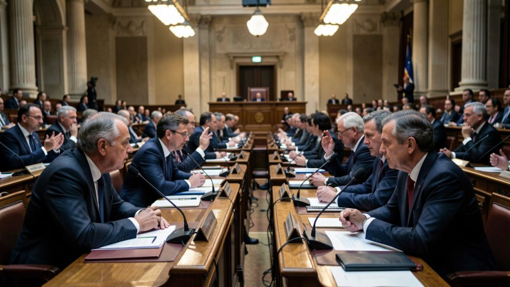 Vue réaliste de la salle de l’Assemblée nationale en pleine séance, avec des députés en discussion animée et une ambiance de crise politique et de négociation institutionnelle.