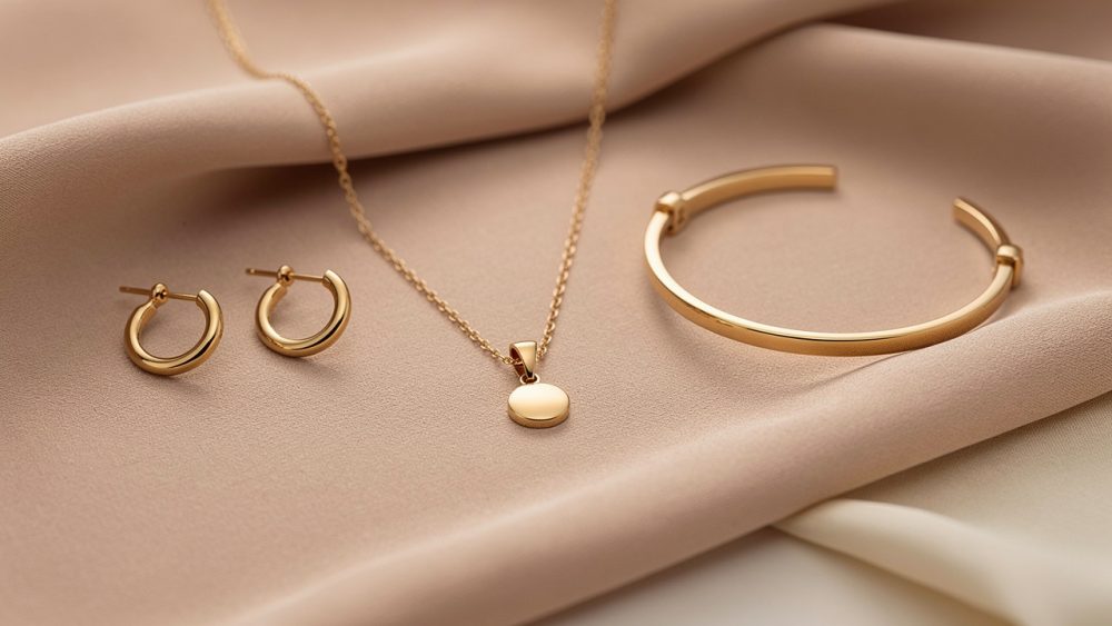 Composition élégante d’un collier fin, de créoles et d’un bracelet doré disposés sur un fond beige poudré, éclairée par une lumière douce.
