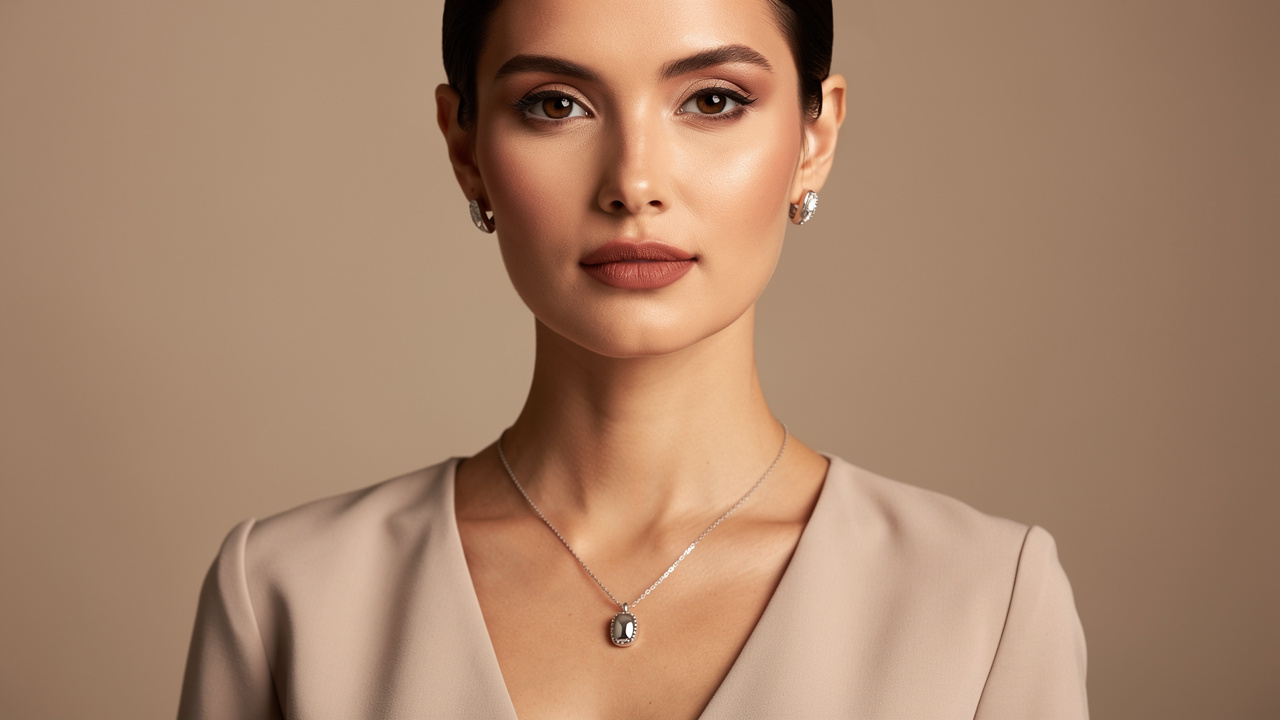 Portrait éditorial d’une femme adulte portant un collier délicat et des boucles d’oreilles raffinées, avec un maquillage naturel et une tenue sobre.