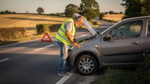 Un homme en gilet jaune réfléchissant se tient près de sa voiture immobilisée sur une route française, avec un triangle de présignalisation visible au loin dans la lumière de fin de journée.