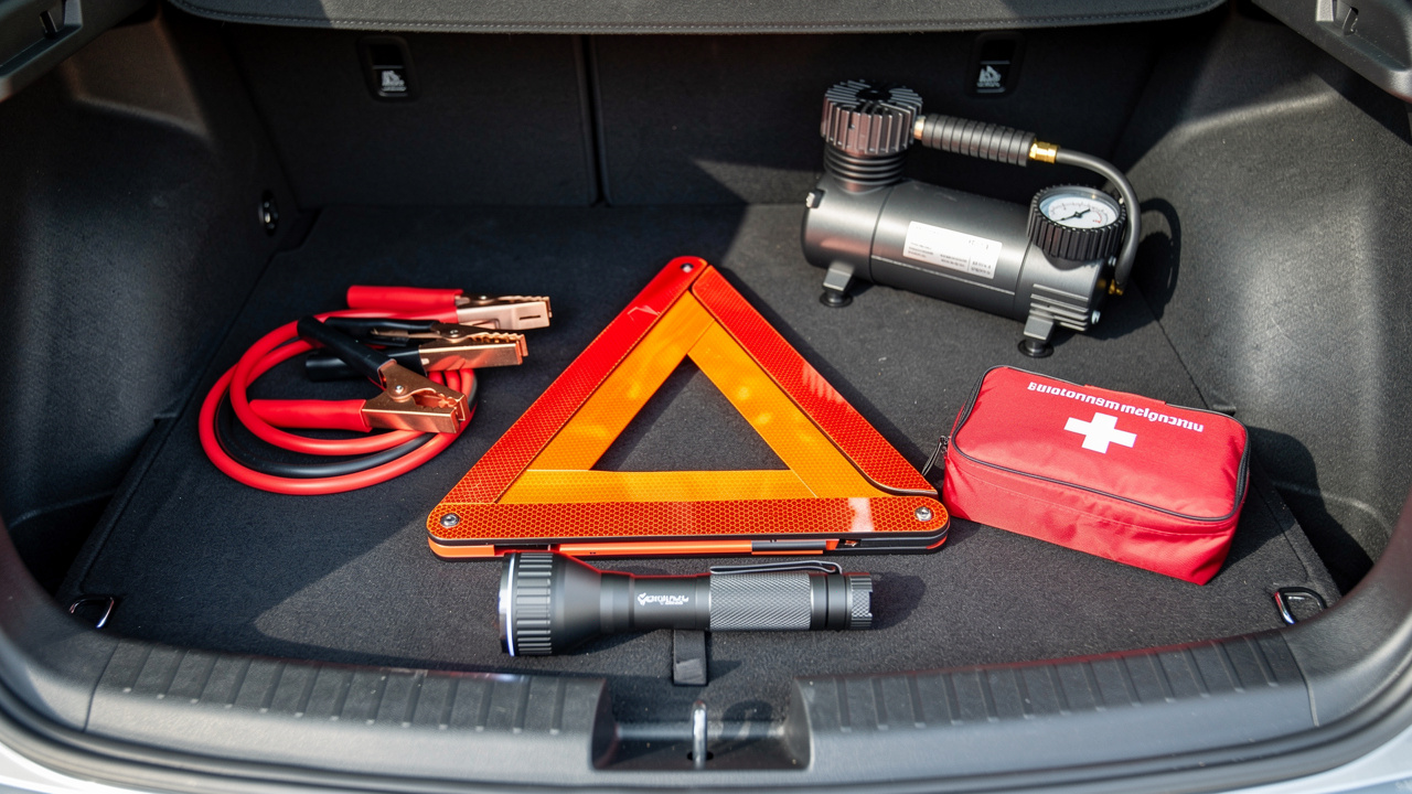 Coffre de voiture ouvert et organisé avec un triangle de signalisation, des câbles de démarrage, un compresseur portable, une trousse de secours et une lampe torche.