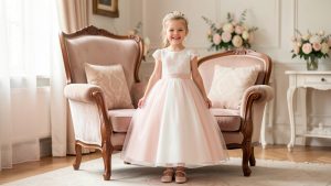 Petite fille souriante en tenue de cérémonie pastel avec de délicats accessoires, dans un intérieur élégant baigné de lumière naturelle douce.