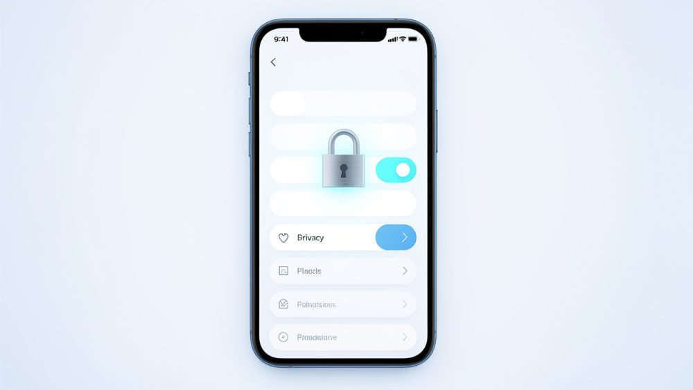 Smartphone moderne présentant une interface abstraite de réglages de confidentialité avec un cadenas discret, sur un arrière-plan lumineux et minimaliste.