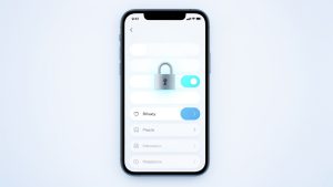 Smartphone moderne présentant une interface abstraite de réglages de confidentialité avec un cadenas discret, sur un arrière-plan lumineux et minimaliste.