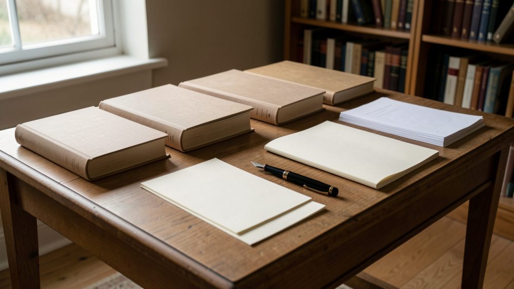 Table de bibliothèque en bois avec des livres aux couvertures neutres, des carnets vierges et un stylo, éclairée par une lumière naturelle douce.