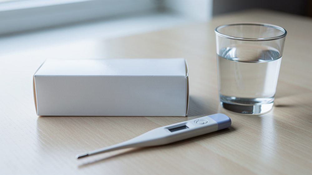 Boîte de médicament à base d’ibuprofène sans marquage visible, posée sur une table claire avec un thermomètre et un verre d’eau.
