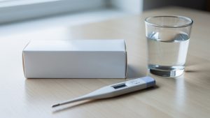 Boîte de médicament à base d’ibuprofène sans marquage visible, posée sur une table claire avec un thermomètre et un verre d’eau.