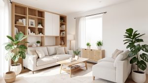 Salon lumineux et épuré avec des rangements discrets, des plantes vertes et une ambiance sereine et familiale.