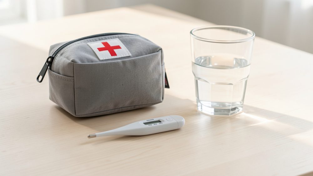 Trousse de premiers secours, thermomètre et verre d’eau disposés sur une table claire et lumineuse.