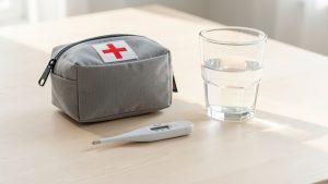 Trousse de premiers secours, thermomètre et verre d’eau disposés sur une table claire et lumineuse.