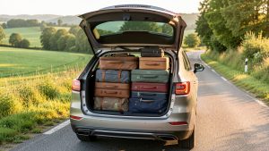 Voiture familiale chargée de bagages soigneusement rangés, prête à partir sur une route estivale baignée par la lumière matinale.