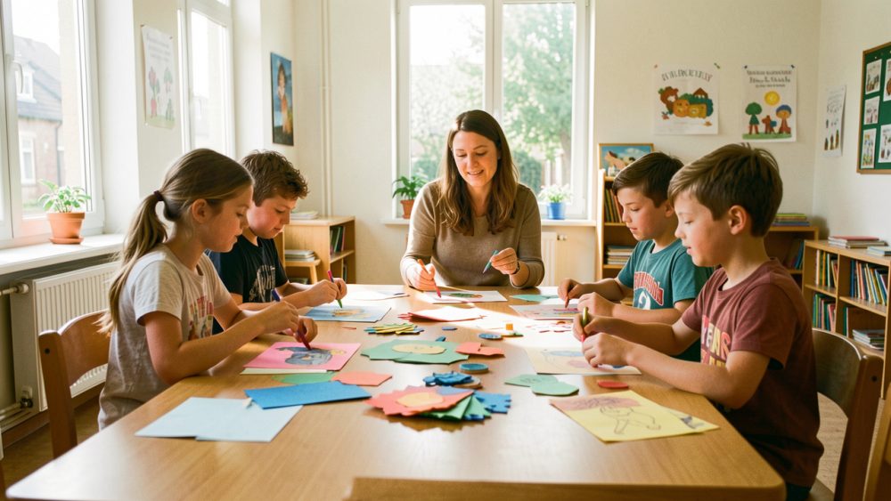 Des enfants réalisent une activité créative autour d’une table avec une médiatrice dans une salle municipale lumineuse.