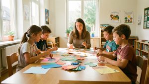 Des enfants réalisent une activité créative autour d’une table avec une médiatrice dans une salle municipale lumineuse.