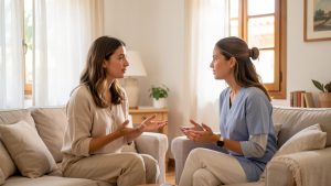 Une jeune femme échange calmement avec une professionnelle de l’accompagnement dans un lieu d’accueil lumineux et confidentiel du Var.
