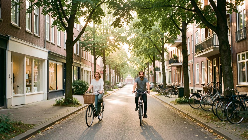 Rue résidentielle animée bordée d’arbres, avec des commerces de proximité, une femme à pied, un homme à vélo et une lumière douce.