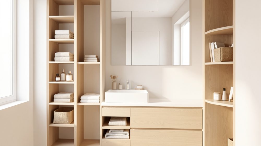 Salle de bains lumineuse et bien organisée avec rangements pratiques, grand miroir, vasque blanche épurée, serviettes pliées et accessoires de beauté discrets.