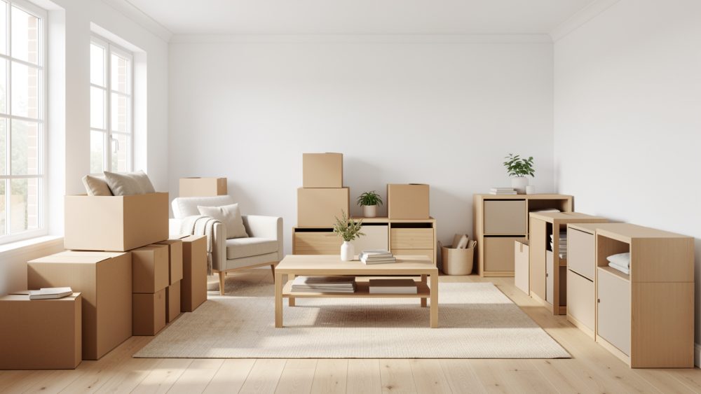 Salon lumineux et épuré avec des cartons de dons soigneusement triés et des rangements minimalistes dans une ambiance sereine.