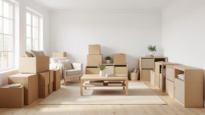 Salon lumineux et épuré avec des cartons de dons soigneusement triés et des rangements minimalistes dans une ambiance sereine.