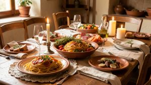 Table de dîner italien chaleureuse avec pâtes, antipasti, bougies et vaisselle rustique dans une ambiance conviviale.