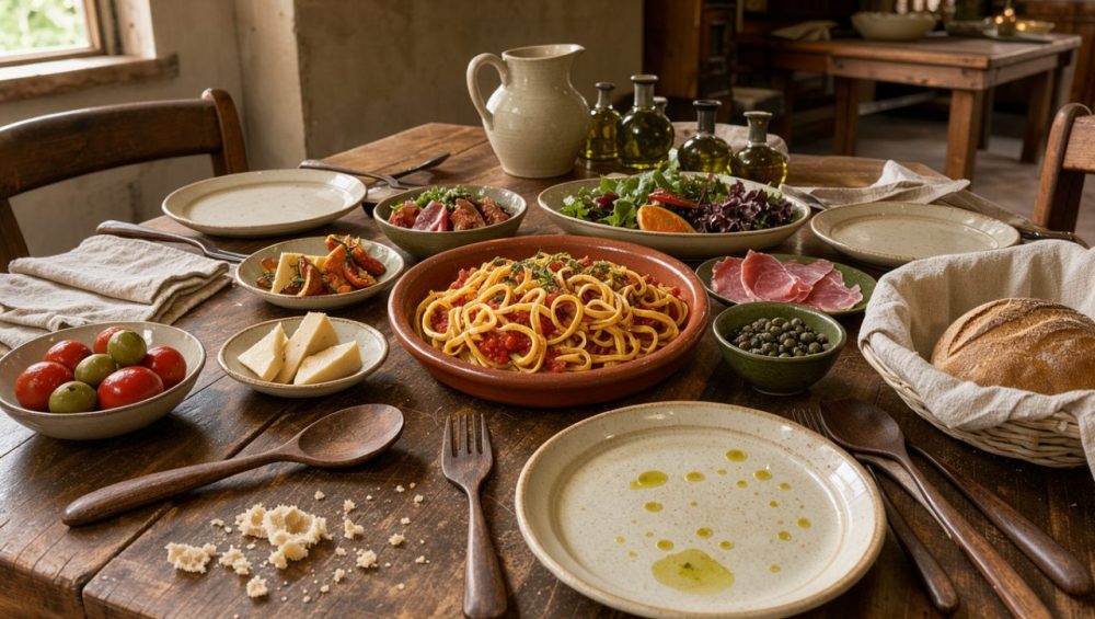 Table de dîner italien conviviale garnie de pâtes, d’antipasti colorés, de pain rustique et de vaisselle méditerranéenne.